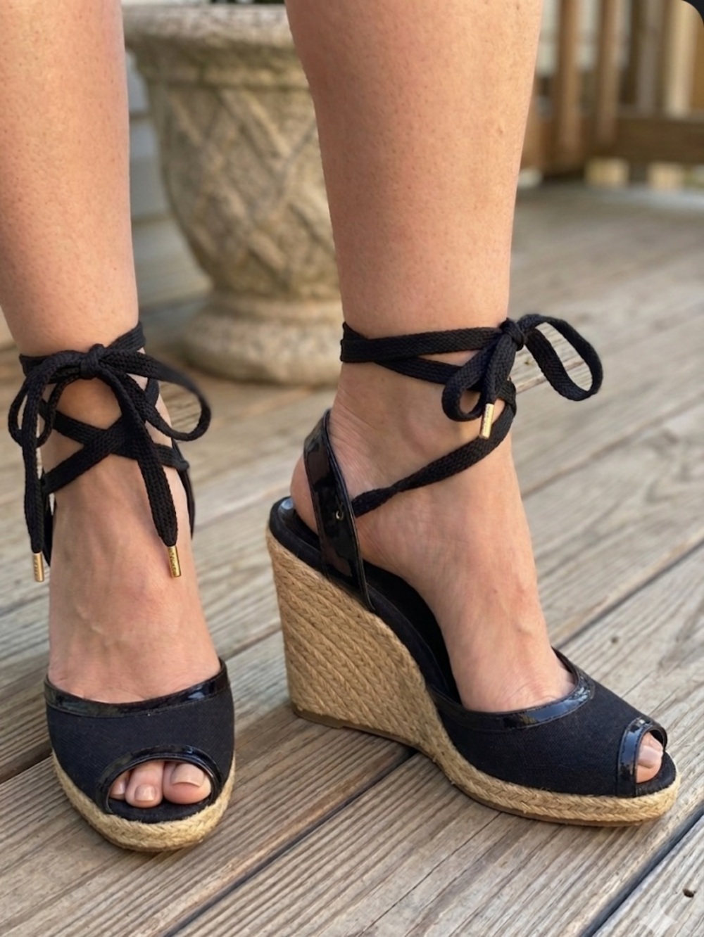 FENDI- Black Espadrille Wedge Sandals with Ankle Tie